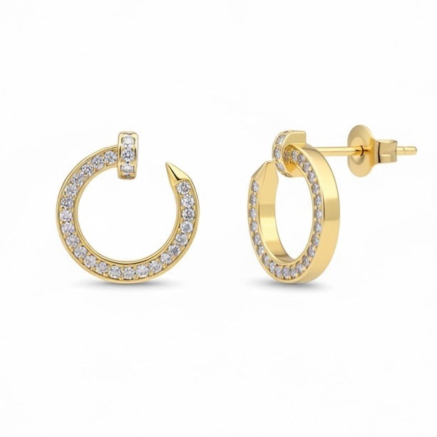 Riri Bespoke Jewelry gold-tone open hoop stud earrings with shimmering crystals and secure post-back closure.